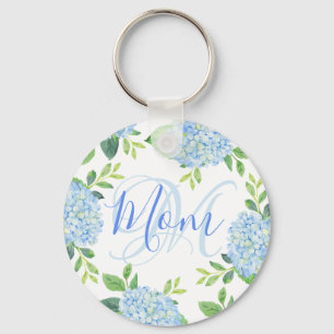 Porte-clés Maman Floral Bleu Hydrangée Aquarelle moderne
