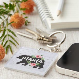 Porte-clés Maman Ours Élégant Rustique Floral Fleurs Maman