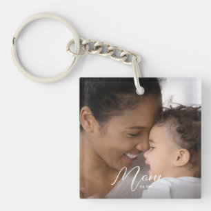 Porte-clés Maman personnalisée Écriture moderne Photo établie