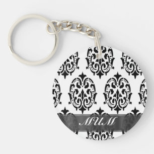 Porte-clés Maman personnalisée noir et blanc damassé