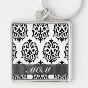 Porte-clés Maman personnalisée noir et blanc damassé