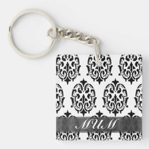 Porte-clés Maman personnalisée noir et blanc damassé