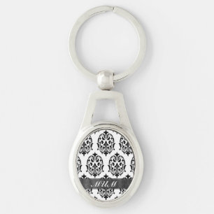 Porte-clés Maman personnalisée noir et blanc damassé