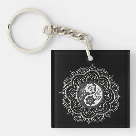 Porte-clés Mandala argent et noir (Devant)