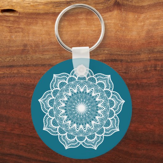 Porte-clés Mandala blanc sur fond bleu (Recto)