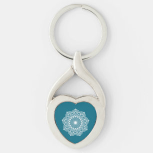 Porte-clés Mandala blanc sur fond bleu