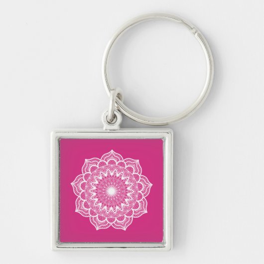 Porte-clés Mandala blanc sur fond rose (Devant)