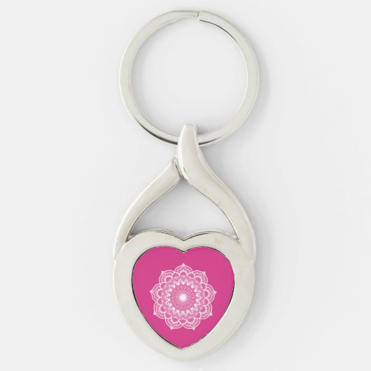 Porte-clés Mandala blanc sur fond rose (Devant)