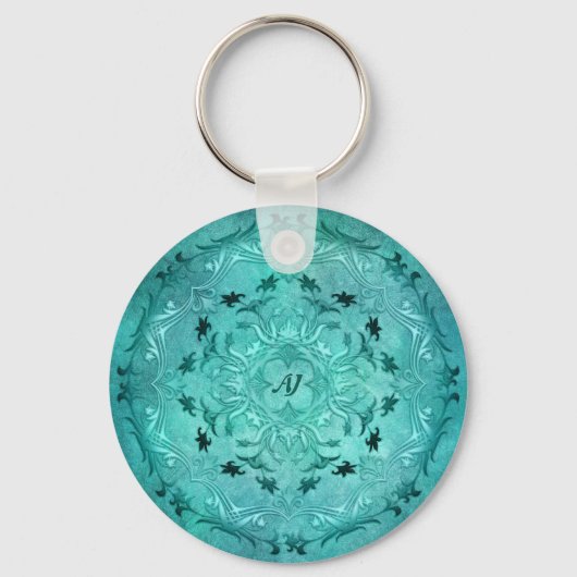 Porte-clés Mandala de grunge à fleurs ethniques turquoise (Recto)