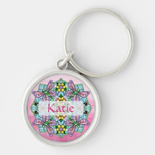 Porte-clés Mandala de papillon rose et bleu personnalisé (Devant)
