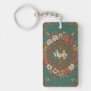 Porte-clés Mandala floral sarcelle vintage avec colibris et