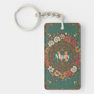 Porte-clés Mandala floral sarcelle vintage avec colibris et