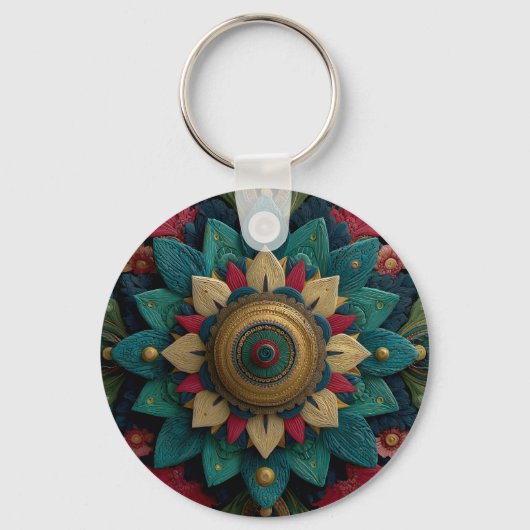 Porte-clés Mandala floral texturé complexe en sarcelle et or (Recto)