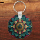 Porte-clés Mandala floral texturé complexe en sarcelle et or (Verso)