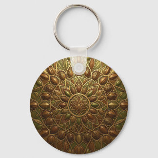 Porte-clés Mandala florale en bronze doré orné en relief