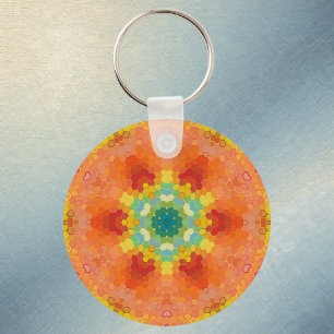 Porte-clés Mandala Hexagonal Orange Jaune Rouge et Bleu