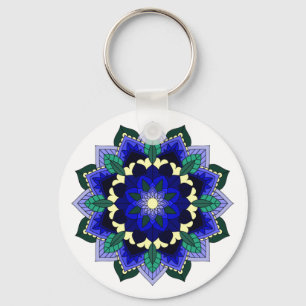Porte-clés Mandala Motif 02 en Bouton bleu foncé Bouton Cercl