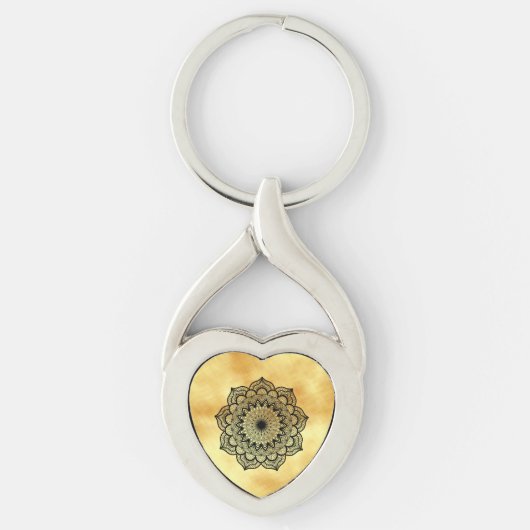 Porte-clés Mandala noir sur fond or doux (Devant)