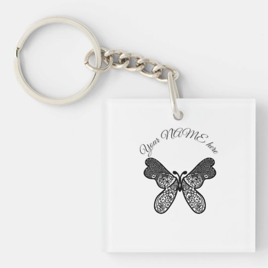Porte-clés Mandala papillon boho complexe noir et blanc A (Devant)