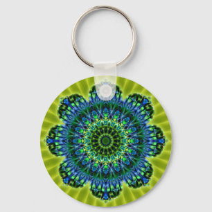 Porte-clés Mandala vert bleu   fleur vert clair