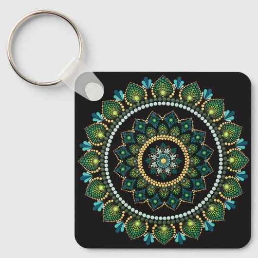 Porte-clés Mandala vert | Peint main | Géométrie sacrée (Recto)