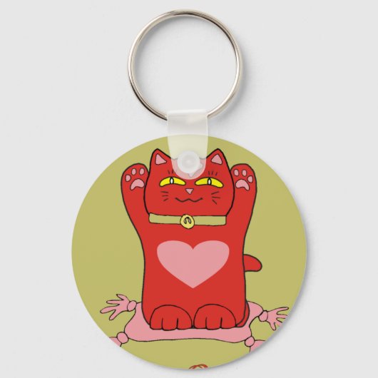 Porte-clés Maneki Neko Chat Rouge avec Coeurs (Recto)