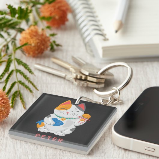 Porte-clés Maneki Neko White Chat, symbole de bonne chance (Devant Droit)