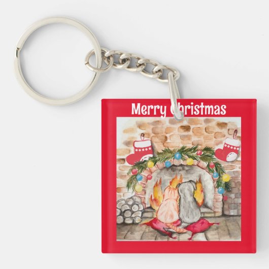 Porte-clés Manoir de Noël confortable avec chien et chat (Devant)