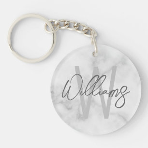 Porte-clés Marbre Blanc Écriture Personnalisée Monogramme et 