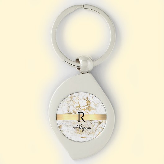 Porte-clés Marbre blanc et or, Barre d'or, Monogramme de nom 
