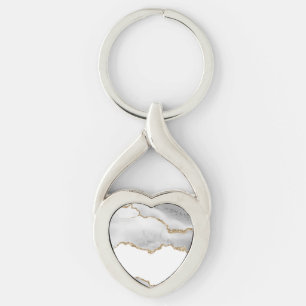 Porte-clés Marbre Blanc Grisé Agate Paillettes Dorées Raffiné