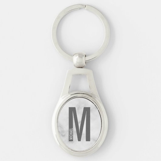 Porte-clés Marbre Blanc Moderne Monogramme et Nom Personnalis (Devant)