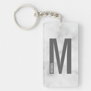 Porte-clés Marbre blanc Monogramme personnalisé et nom