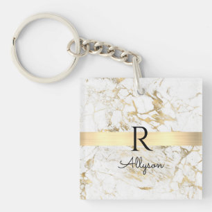 Porte-clés Marbre Blanc & Or Barre Or, DIY Monogramme Nom Noi