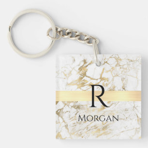 Porte-clés Marbre Blanc & Or Barre Or, DIY Monogramme Nom Noi