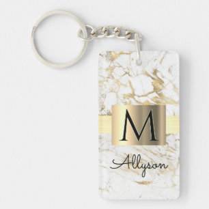 Porte-clés Marbre Blanc & Or, Boîte Dorée, Monogramme au Nom
