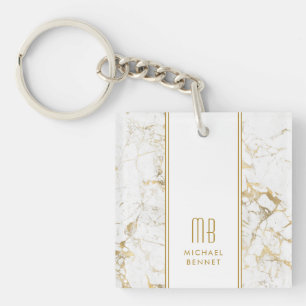 Porte-clés Marbre Blanc Or Monogramme Élégant