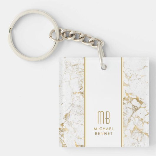 Porte-clés Marbre Blanc Or Monogramme Élégant (Devant)