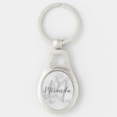 Porte-clés Marbre blanc Script Monogramme personnalisé et nom (Devant)