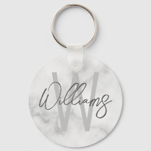 Porte-clés Marbre blanc Script Monogramme personnalisé et nom