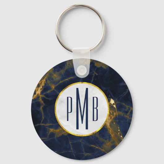 Porte-clés Marbre bleu marine et or Marbre moderne Monogramme (Recto)