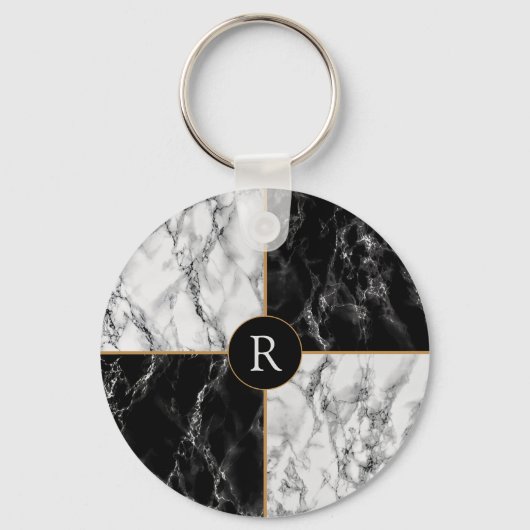 Porte-clés Marbre Chèque Noir & Blanc tendance - Ajouter Votr (Recto)