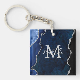 Porte-clés Marbre d'agate bleu marine et argent