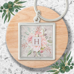 Porte-clés Marbre Floral Élégant Rose Pivoine Rose Pâle Monog