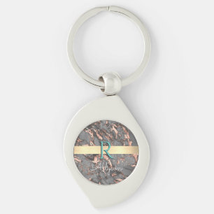 Porte-clés Marbre gris et or rose, barre dorée, nom et monogr