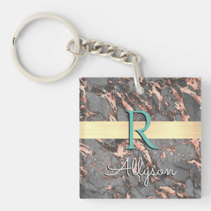 Porte-clés Marbre gris et or rose, barre dorée, nom et monogr