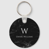 Porte-clés Marbre Noir Monogramme Initial & Nom Élégant (Verso)