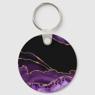 Porte-clés Marbre Noir Violet Agate Glamour Sombre Doré