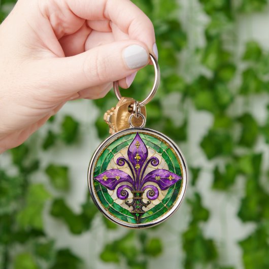 Porte-clés Mardi Gras Vitrail Fleur de lis (Main)
