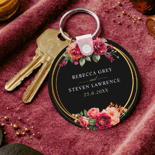 Porte-clés Mariage à fleurs noir rouge chic